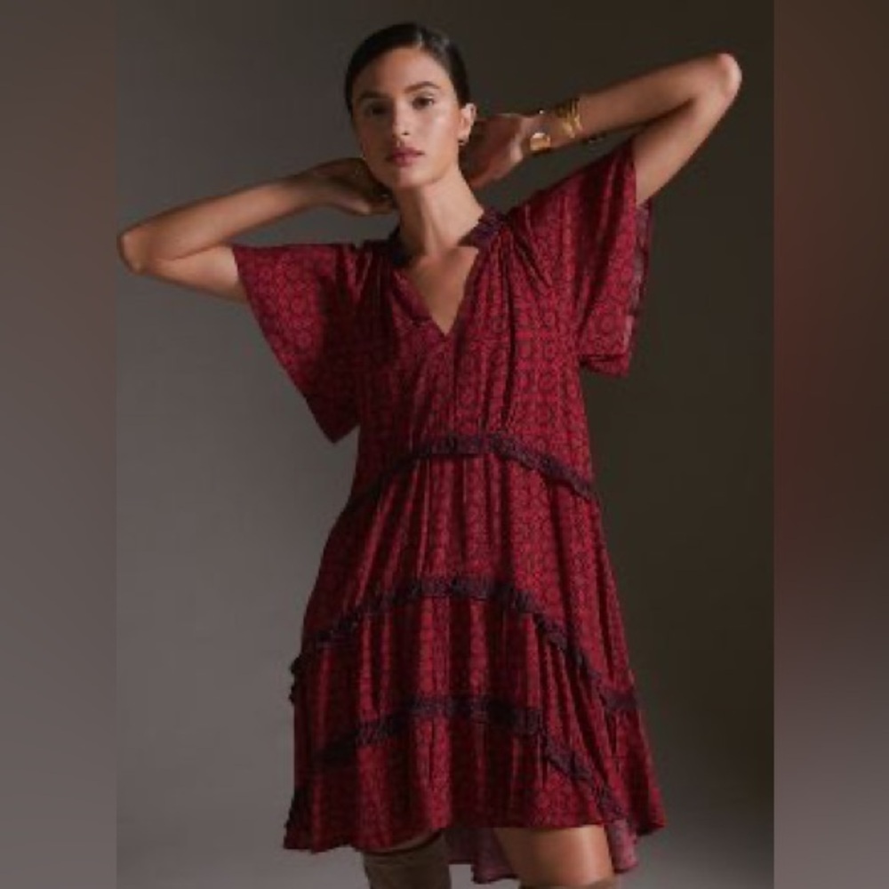 Anthropologie Robin Tiered Short Sleeve Boho Ruffled Mini Dress Size XXS